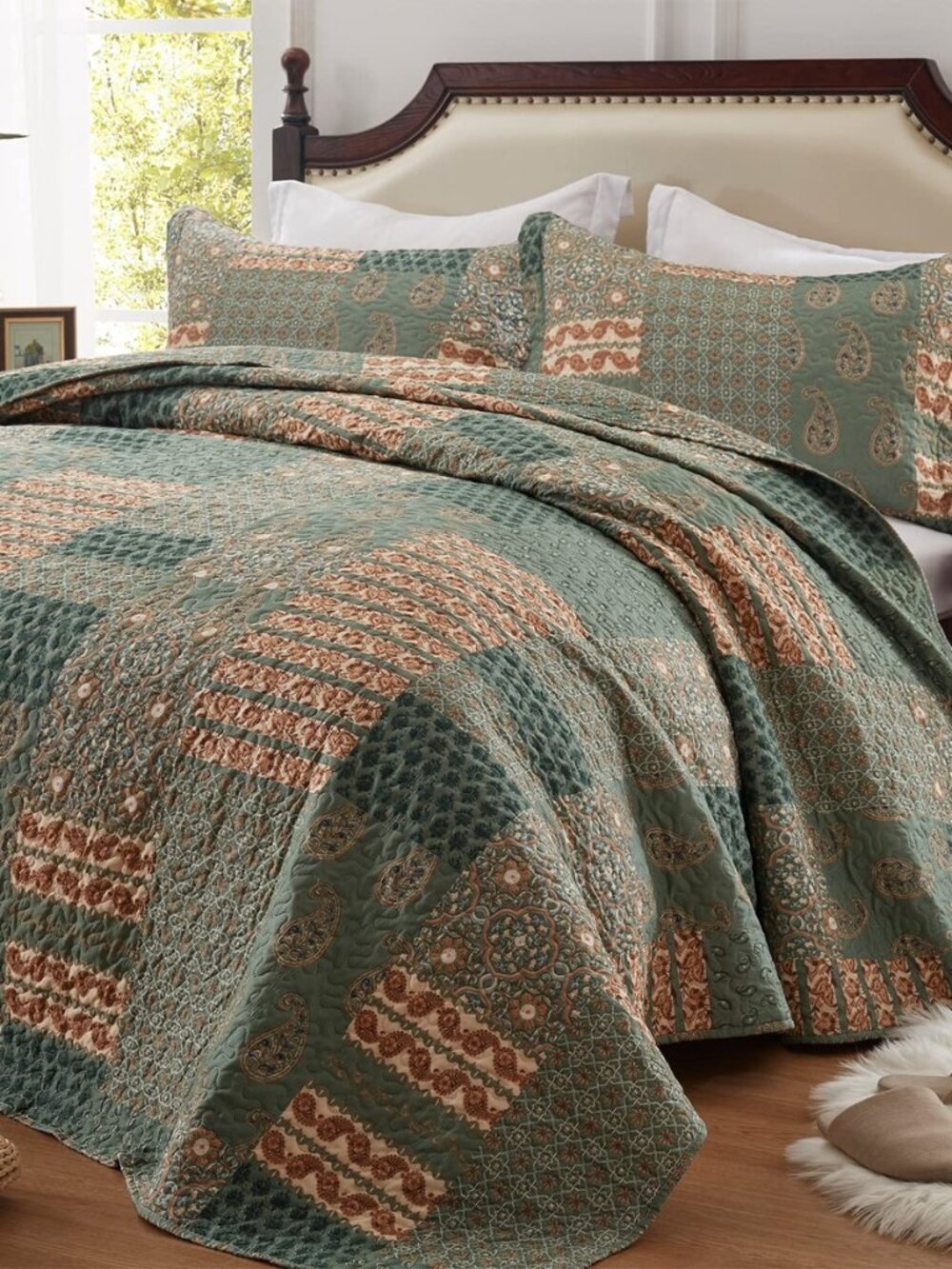 Quilt Set - Full/Queen Size Floral Paisley Olive Green Bedding Set with 2 Pillow